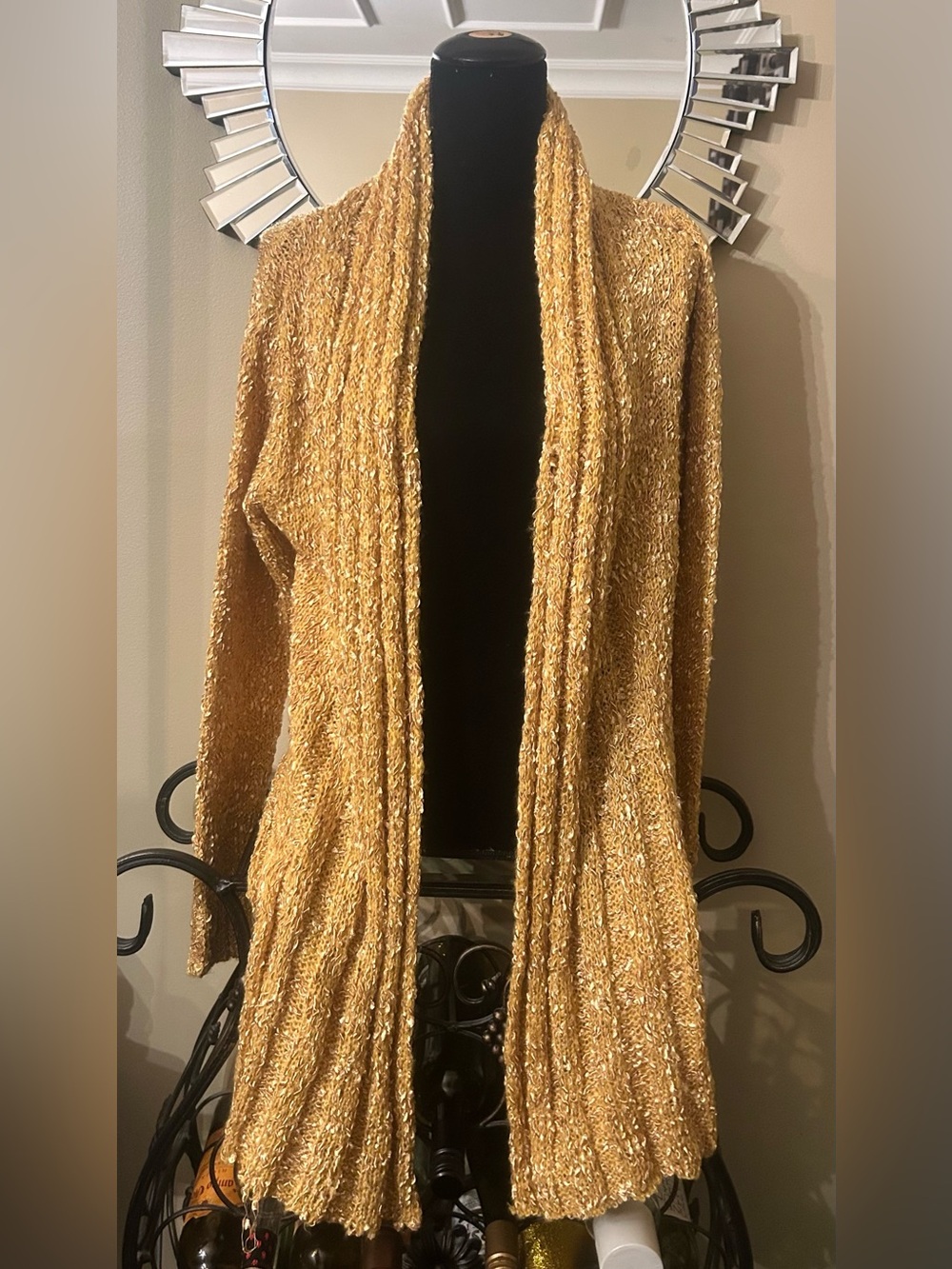 Gold Open-Front Ribbed Cardigan Sweater - Picture 4 of 5